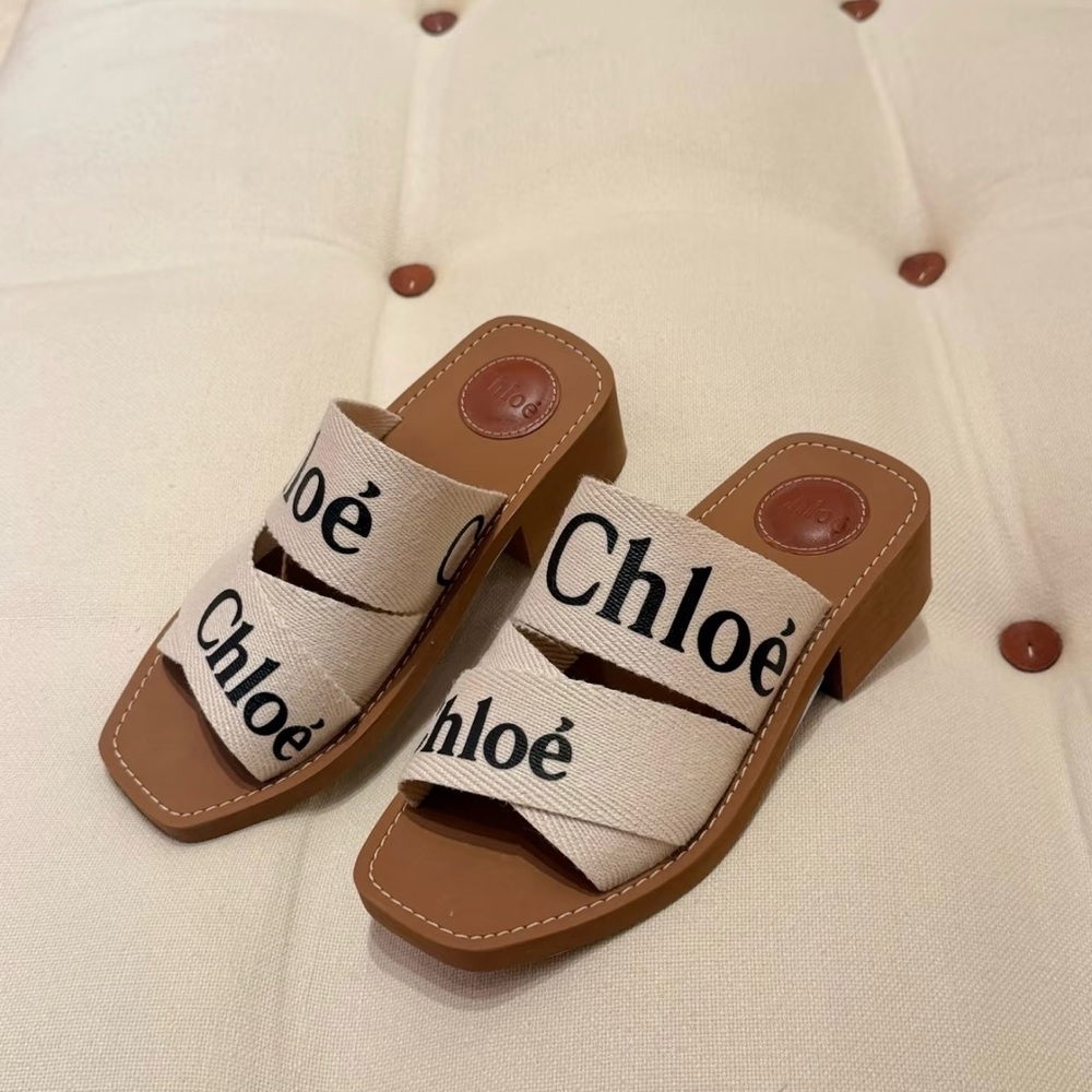 Chloé Beige Canvas Logo Slide Mules